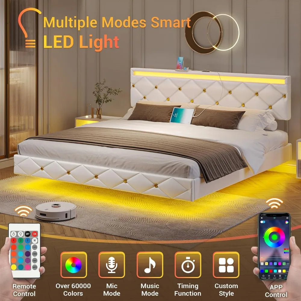 Floating Bed Frame King Size with LED Lights and Charging Station, Modern King Platform Bed with Vegan Leather Upholstered