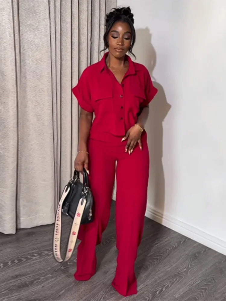 Women's Two-piece Set Spring Summer New Style Lapel Short-sleeved Shirt High Waist Wide Leg Trousers Casual Suit Women Clothing