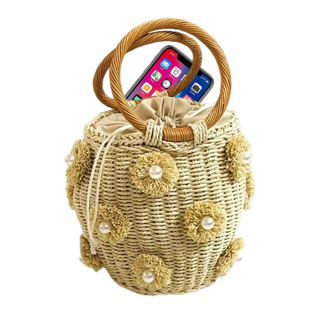 Flower Rattan Bag Woven Tote Bag With Flower Pearl Straw Beach Bag In Bucket Shape For Parties Shopping Travel Camping Hiking