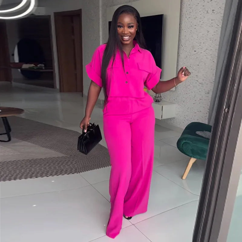 Women's Two-piece Set Spring Summer New Style Lapel Short-sleeved Shirt High Waist Wide Leg Trousers Casual Suit Women Clothing