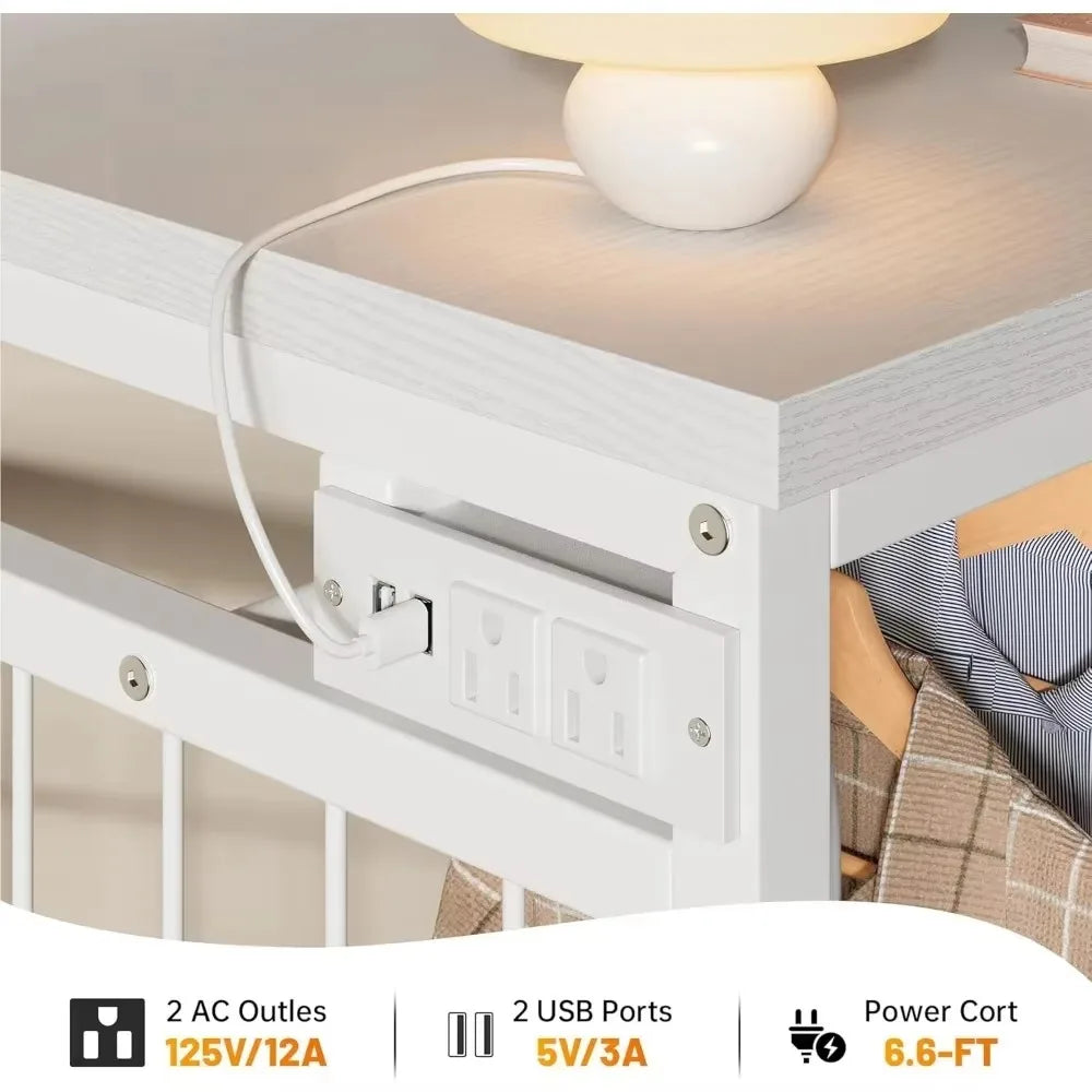 49.2" W White Dresser for Bedroom with Hanging Rack,6 Drawer Dresser with LED Lights & Charging Station, Fabric Dressers