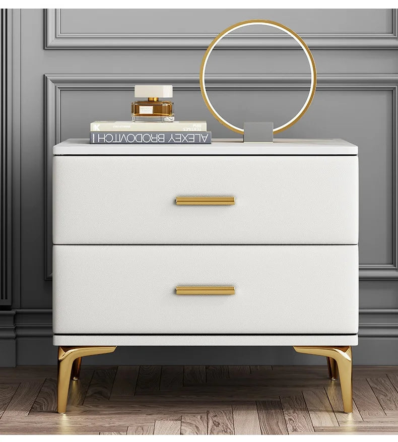 Modern Style Solid Wood Bedside Table with 2 Drawers Leather Bedroom Nightstands with Sintered Stone Top Mini Storage Cabinet