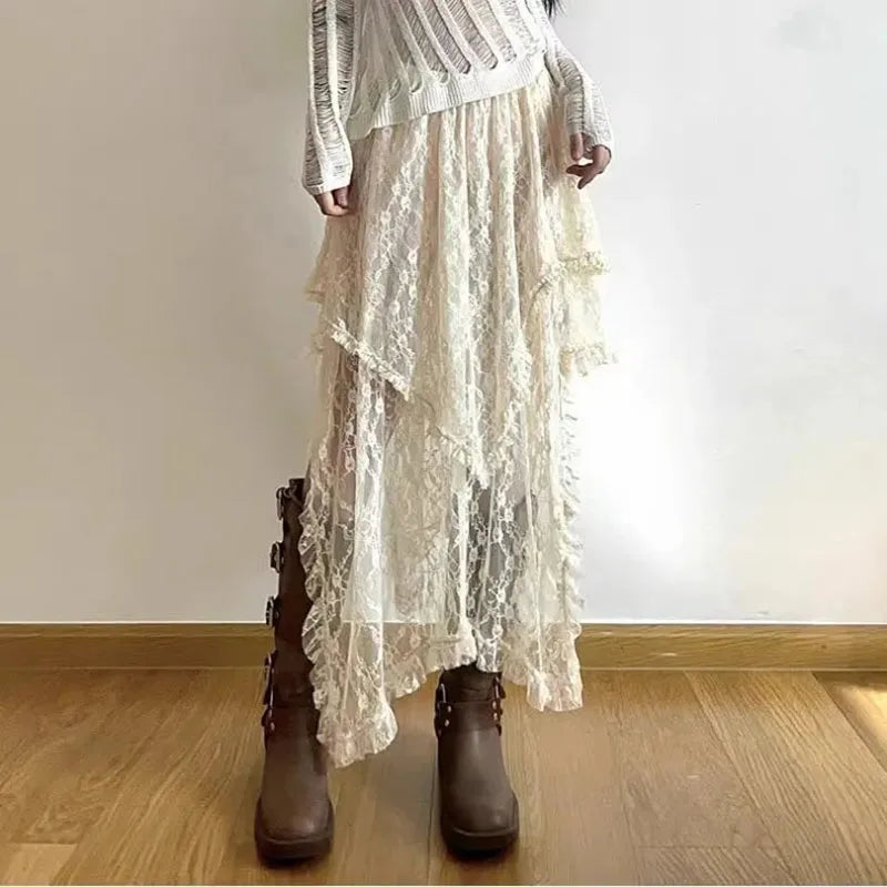 Lace Asymmetrical Skirt Women Vintage Y2K Boho Aesthetic Fashion High Waist Mid Skirts Summer Ladies Holiday Outfits