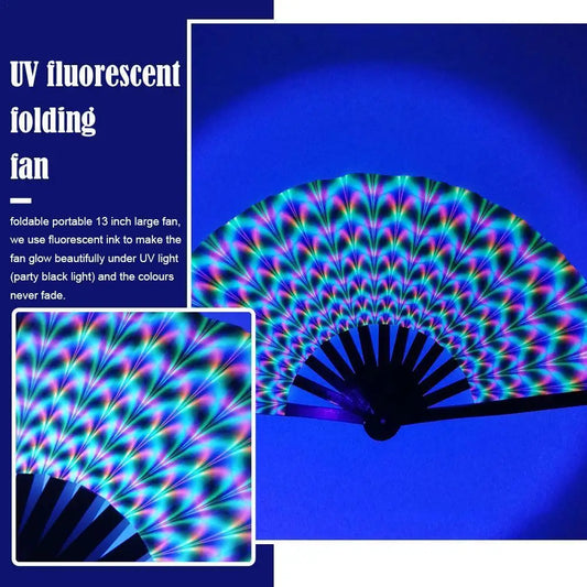 UV Glow Rave Fan Gradient Colorful Reflective Foldable Fan Bamboo Folding Clack Hand Fan For Men Women Dance Party Fan