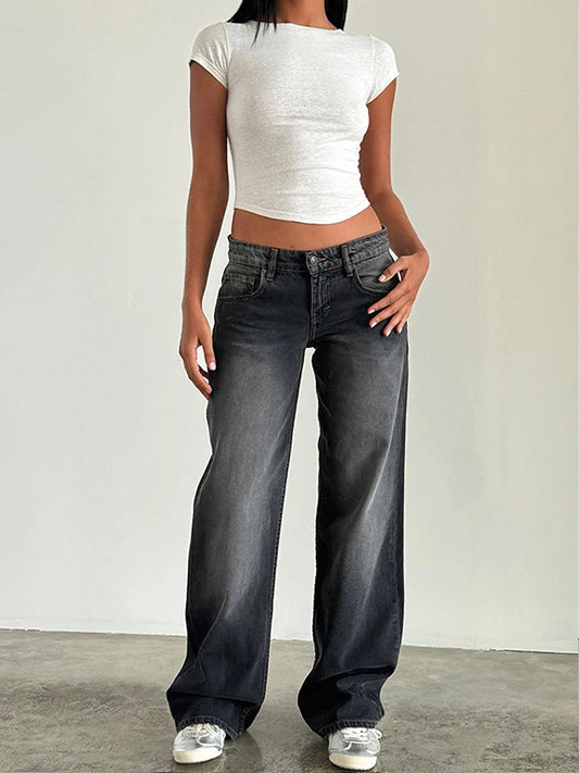 Straight-leg High Waist Jeans Women 2024 New Leg Pockets Pants Y2k Long Denim Trousers Vintage Grey Washed Jeans