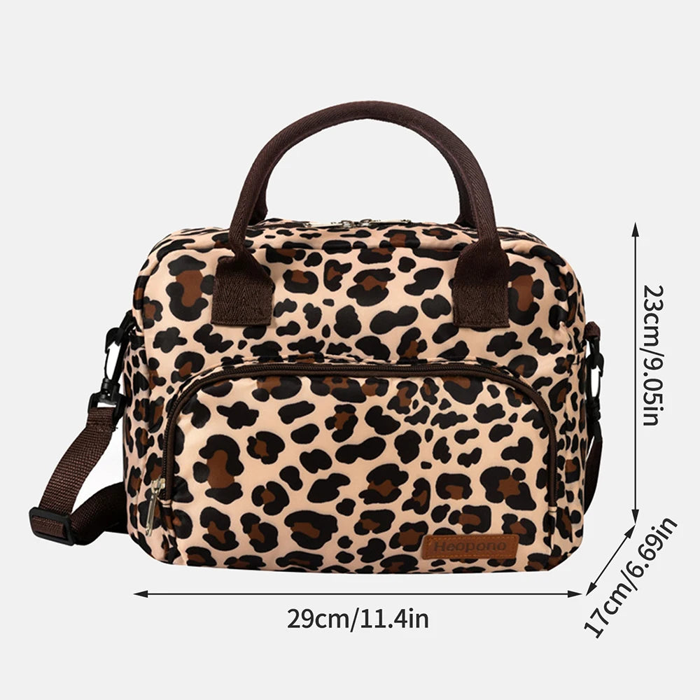 Large capacity leopard print Oxford cloth crossbody lunch bag, American modern minimalist hand-held mommy ice pack