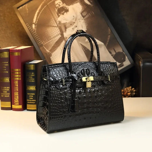 2024 New European American Style Handbag Large Airy Bag Crocodile Pattern Large Bag Middle-aged Mother Hard Leather Women's