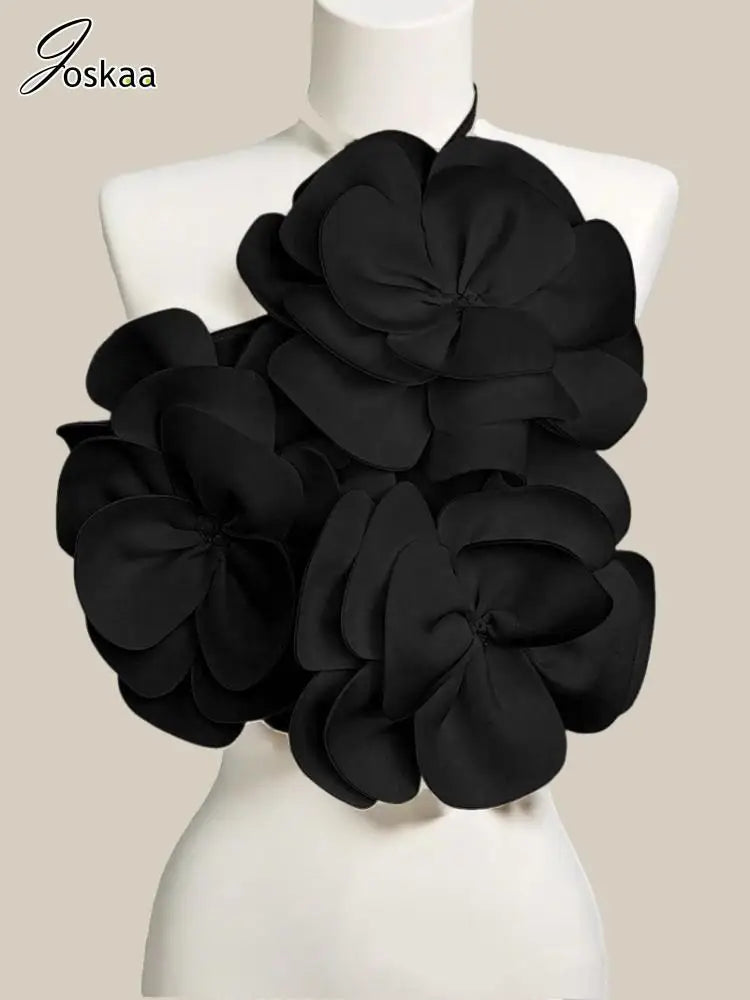 Joskaa 2025 Summer Women's 3D Flower Chic Tops Sexy Halter Lace-Up Backless Crop Camisole Vacation Party Club Beachwear S-XXL