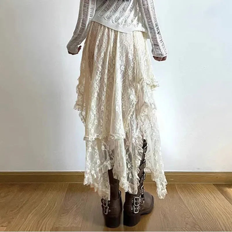 Lace Asymmetrical Skirt Women Vintage Y2K Boho Aesthetic Fashion High Waist Mid Skirts Summer Ladies Holiday Outfits