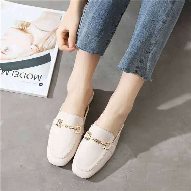 Black Job Low Heel Outside Leather Mules Nude Color Women's Slippers and Ladies Sandals Slides Shoes Small Size on Offer Trend F