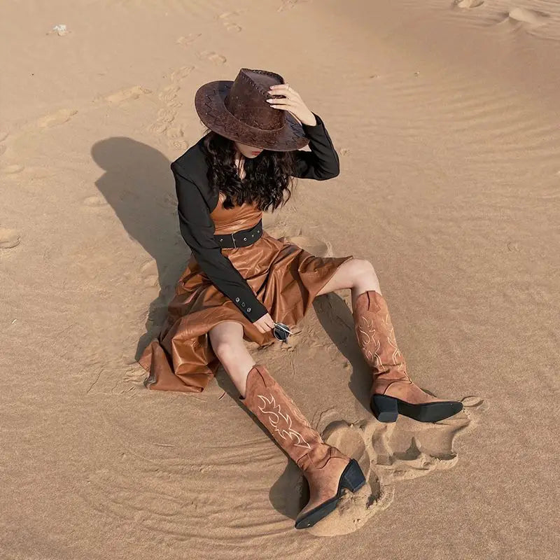 Shoes for Woman Western Cowgirl Cowboy Fur Footwear Long Denim Women's Boots Punk Winter Knee High Shaft White Hot Gothic Boot