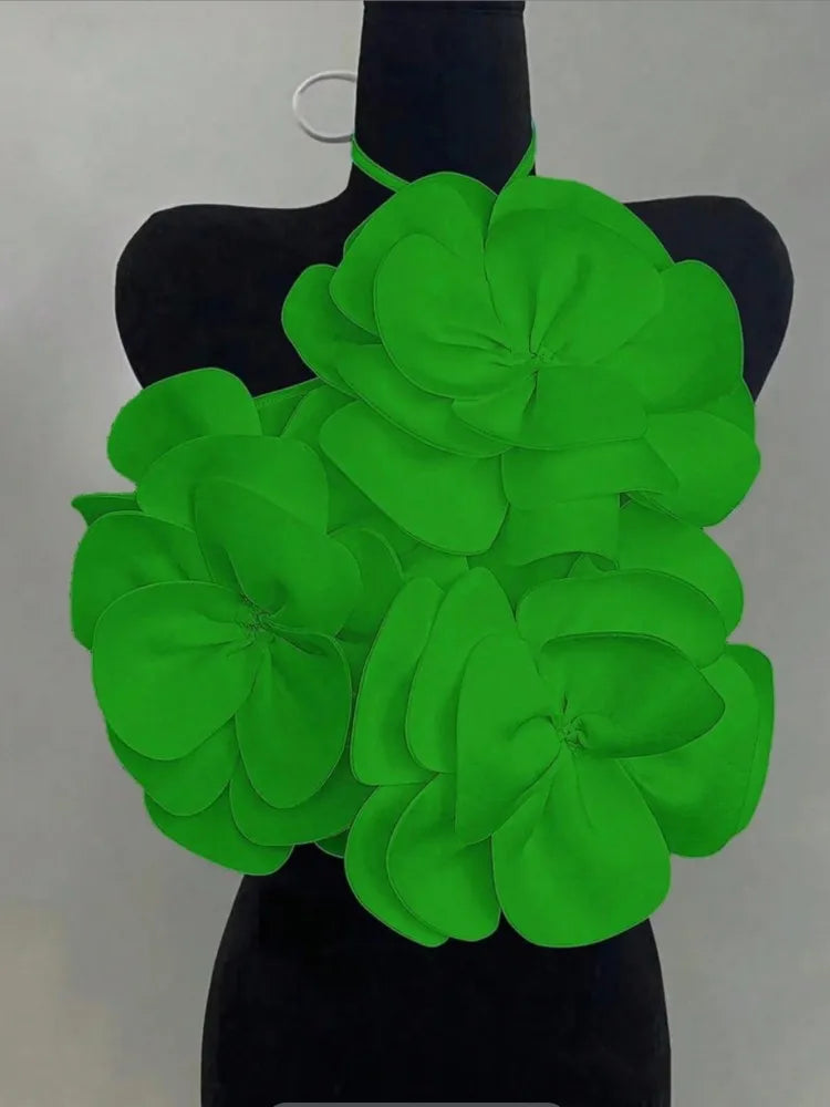 Joskaa 2025 Summer Women's 3D Flower Chic Tops Sexy Halter Lace-Up Backless Crop Camisole Vacation Party Club Beachwear S-XXL