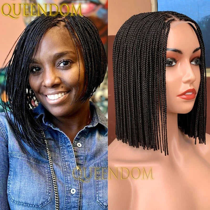 12 Inch Synthetic Silky Dreadlock Wig Thin Cornrow Plait Braids Short Bob Wig for Black Women Lace Frontal Micro Box Braided Wig
