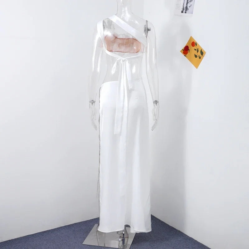 Sexy 3D Flower 2 Pieces Suit Women Slash Neck Sleeveless Lace Up Crop Tank Split Long Skirt Female Set 2025 Spring Lady Suits