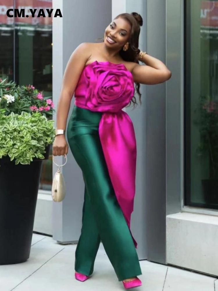 CM.YAYA Women Fashion 3D Flower Applique Strapless Side Crop Top 2025 Summer Vintage Streetwear INS Asymmetrical Tee Tops