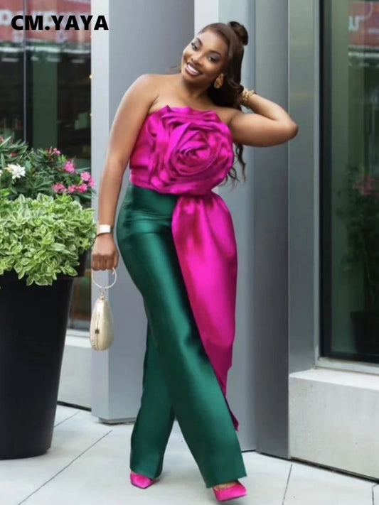 CM.YAYA Women Fashion 3D Flower Applique Strapless Side Crop Top 2025 Summer Vintage Streetwear INS Asymmetrical Tee Tops