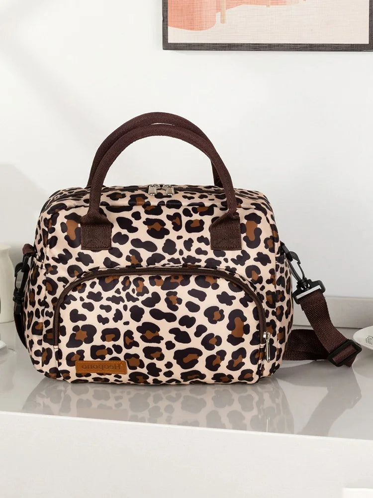 Large capacity leopard print Oxford cloth crossbody lunch bag, American modern minimalist hand-held mommy ice pack