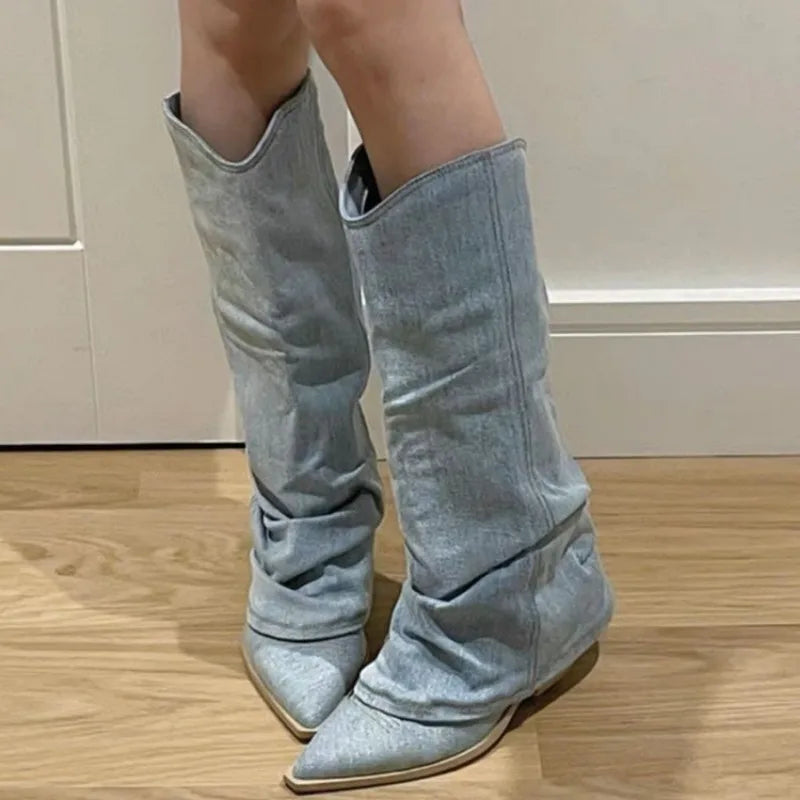 Fashion Women Chelsea Boots Cowboy Knee High Shoes 2023 New Autumn Winter Mid Heels Boots Casual Shoes Chunky Motorcycle Botas
