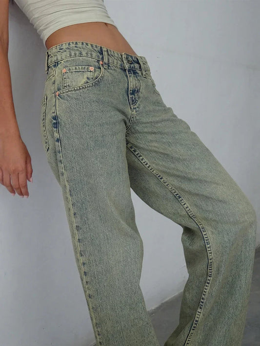 Women Casual Low Rise Jeans Fashion Loose Straight Leg Denim Pants with Pockets for Summer Spring