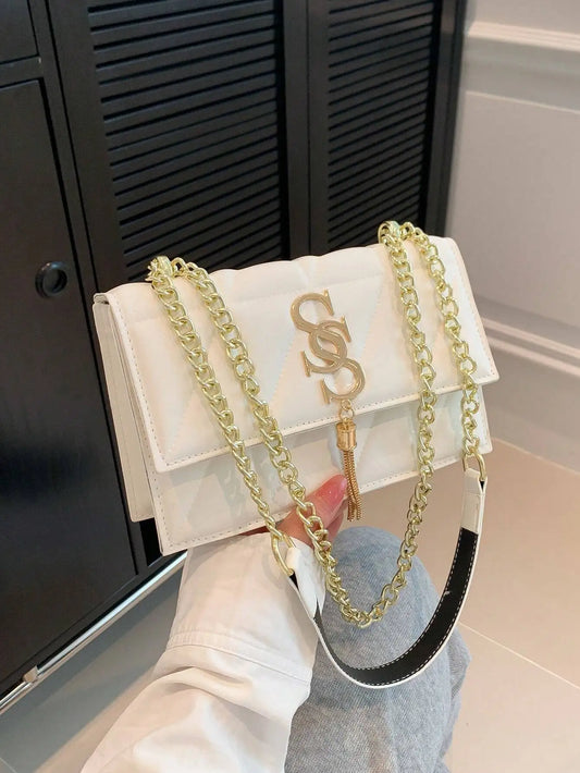 Tassel Decor Flap Chain Square Bag White Minimalist Padded Satchel Handbag Round Pattern Quilted Shoulder Bag All-Match Bag for
