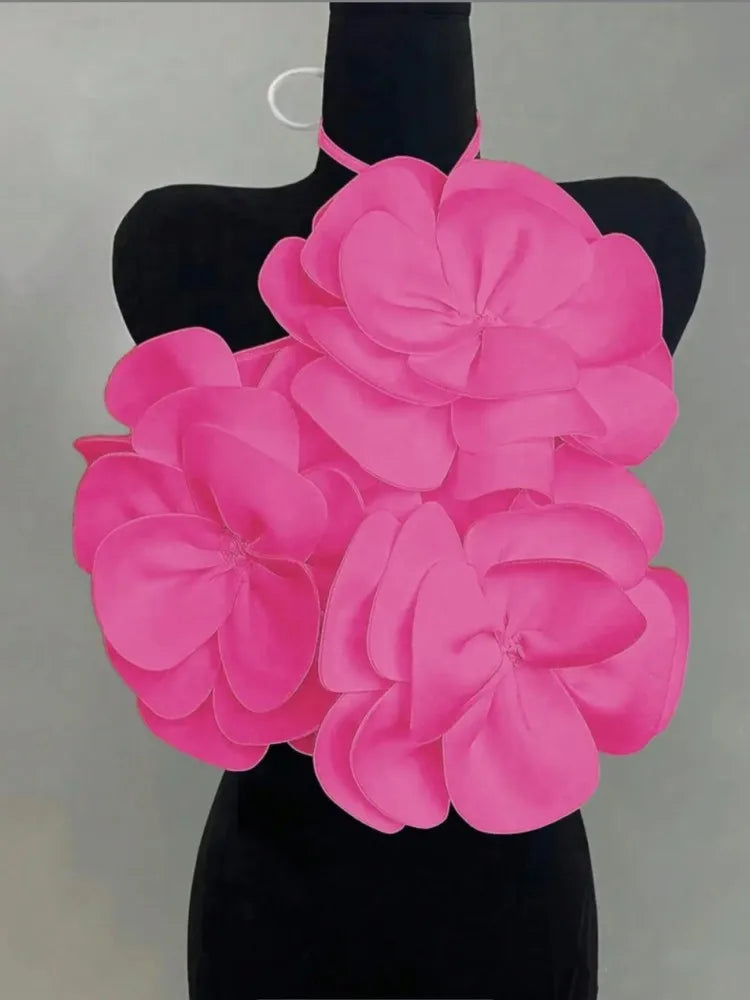 Joskaa 2025 Summer Women's 3D Flower Chic Tops Sexy Halter Lace-Up Backless Crop Camisole Vacation Party Club Beachwear S-XXL