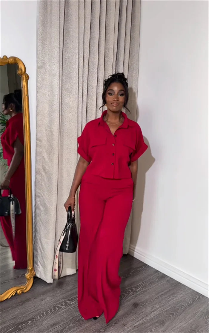 Women's Two-piece Set Spring Summer New Style Lapel Short-sleeved Shirt High Waist Wide Leg Trousers Casual Suit Women Clothing