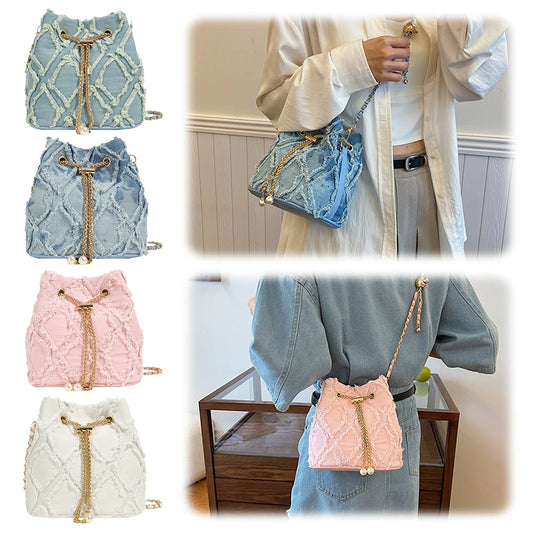 Denim Crossbody Bag Diamond Pattern Women Shoulder Bag Drawstring Adjustable Strap Hobo Bag Travel Bag
