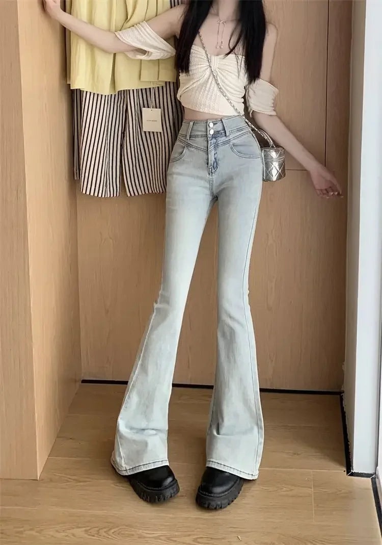 Spring Autumn Spicy Girl Bow Micro Flared Jeans Women's Petite High Waisted Slimming Elastic Horse Leggings Straight Leg Trouser