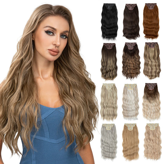 Synthetic 22" Long Wavy Clip In Hair Extensions  4Pcs/Set Thick Hairpiece For Women Brown Blonde Black Natural Fake Hair Pieces