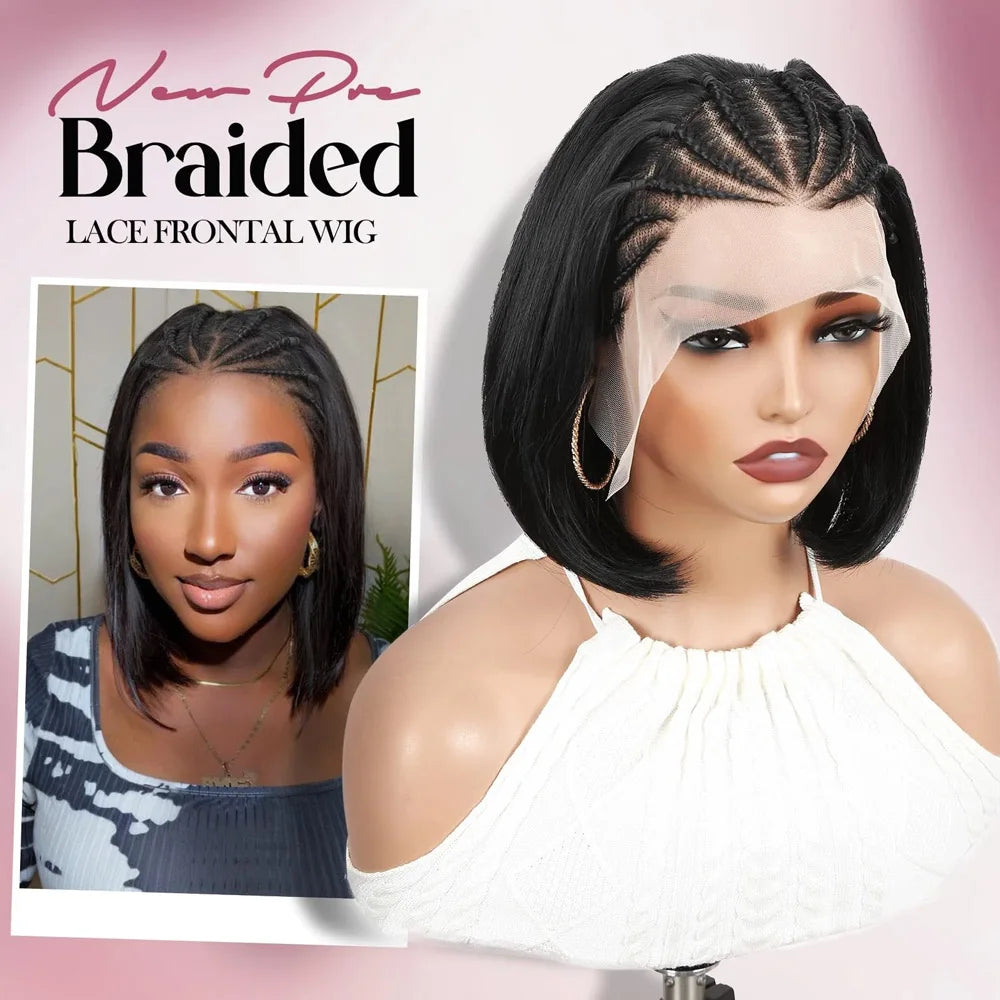 13X6 Lace Front Braided Wigs for Black Women Synthetic Short Straight Bob Wigs with Braid 12 Inch Short Cornrow Braided Wigs