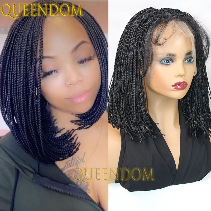 12 Inch Synthetic Silky Dreadlock Wig Thin Cornrow Plait Braids Short Bob Wig for Black Women Lace Frontal Micro Box Braided Wig