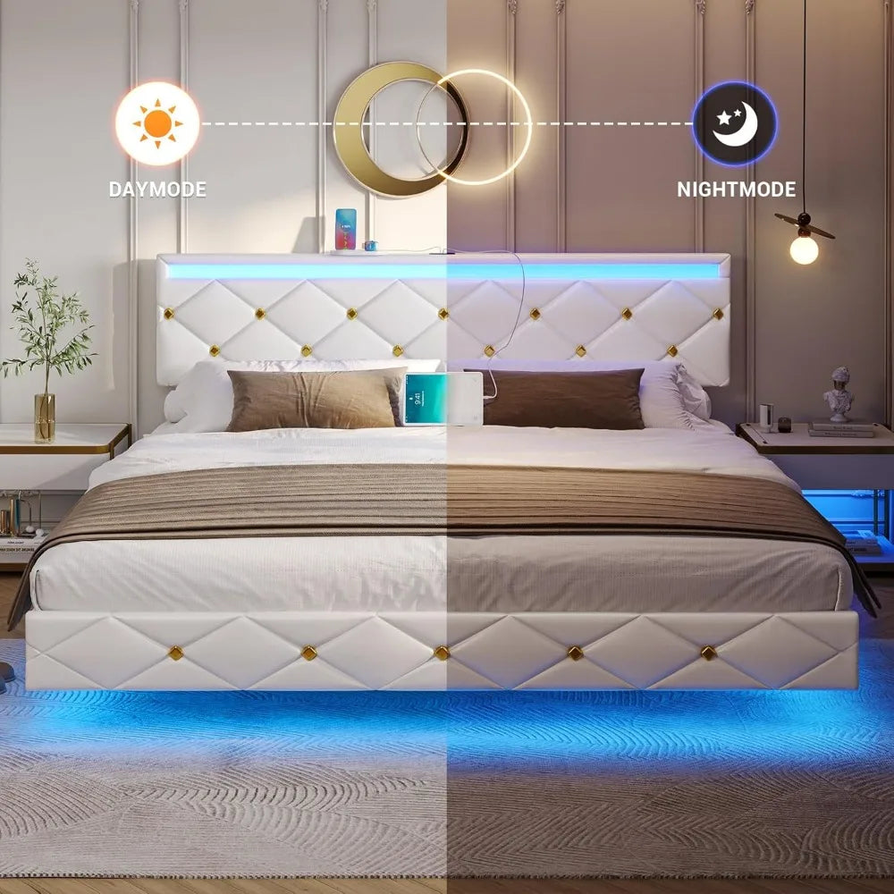 Floating Bed Frame King Size with LED Lights and Charging Station, Modern King Platform Bed with Vegan Leather Upholstered