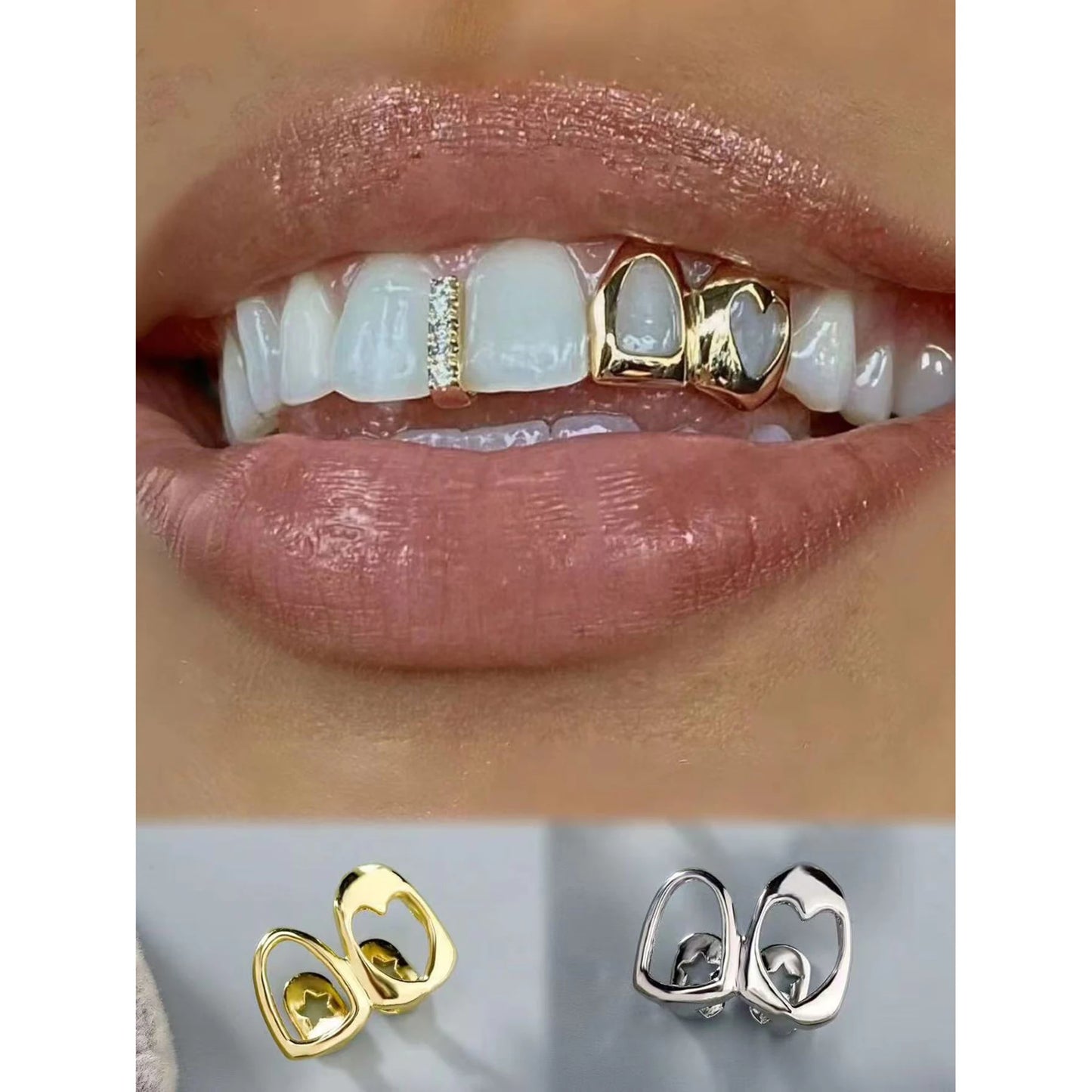 FTCY Hip Hop Hollow Heart Tooth Grillz For Women Gold Color Daily Wearable Tooth Jewelry Dental Grillz