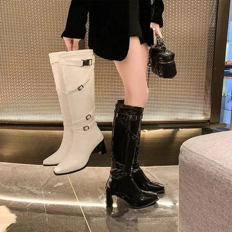 Foreign style high-heeled boots women's 2025 autumn new belt buckle thick heel square head high boots temperament knight boots