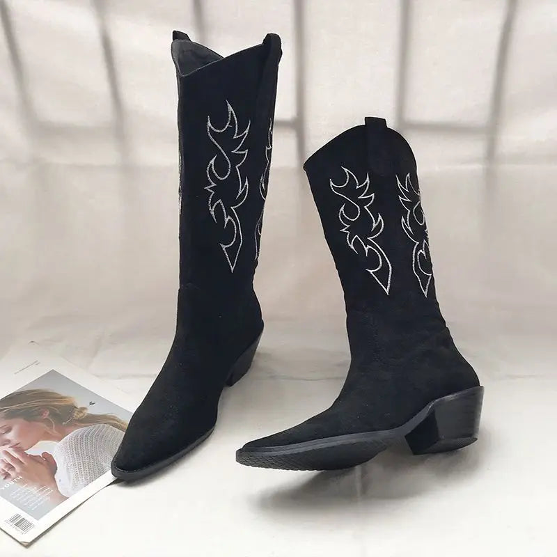 Shoes for Woman Western Cowgirl Cowboy Fur Footwear Long Denim Women's Boots Punk Winter Knee High Shaft White Hot Gothic Boot