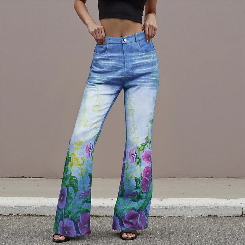 Puloru Stylish Floral Print Blue Flared Pants with Pockets Women's Mid-Rise Casual Slim Fit Bell-Bottoms Long Trousers Plus Size