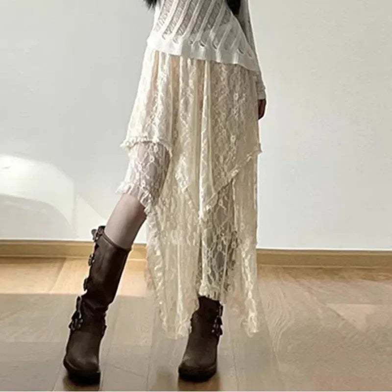 Lace Asymmetrical Skirt Women Vintage Y2K Boho Aesthetic Fashion High Waist Mid Skirts Summer Ladies Holiday Outfits