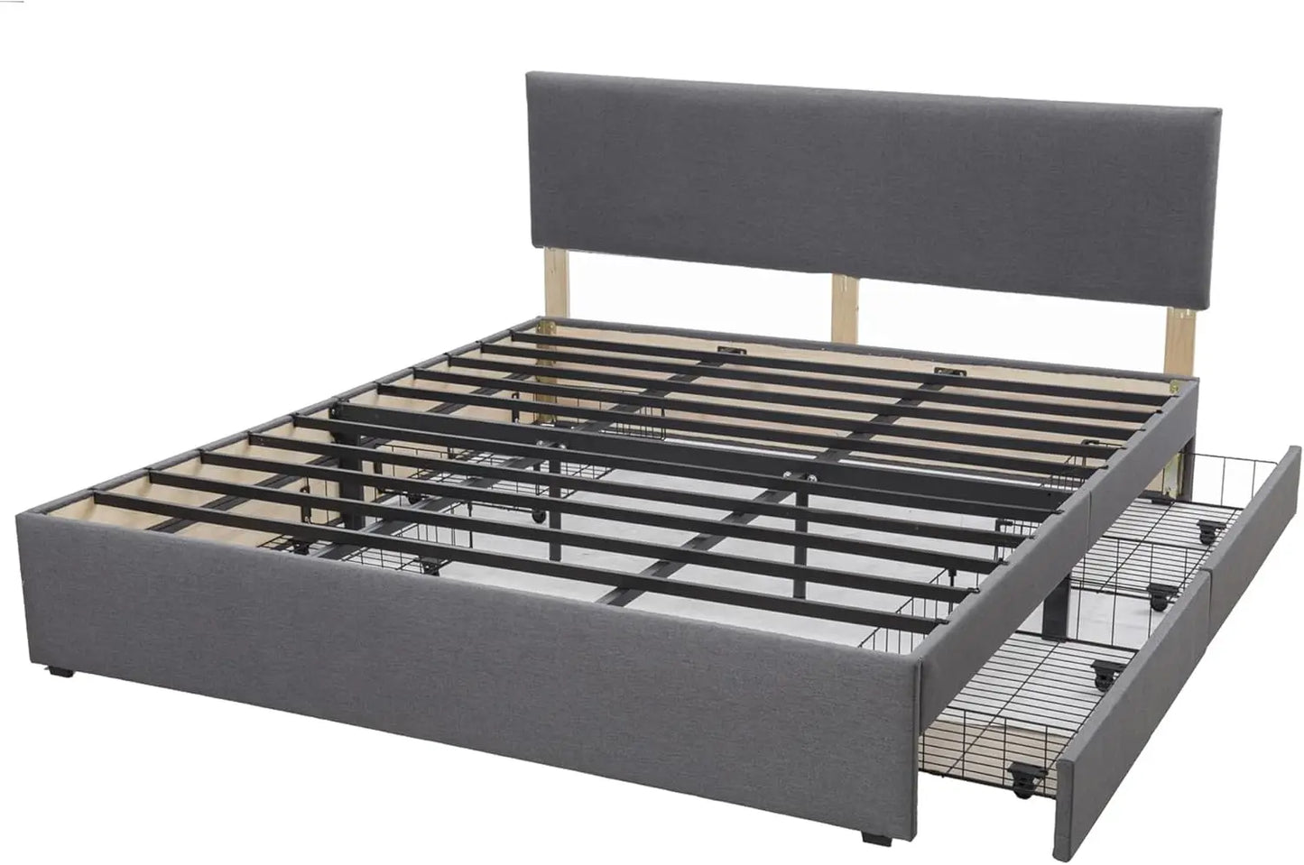 Platform Bed Frame with 4 Storage Drawers and Fabric Grey Headboard, Mattress Foundation with Metal Slats, Strong Support, No Bo