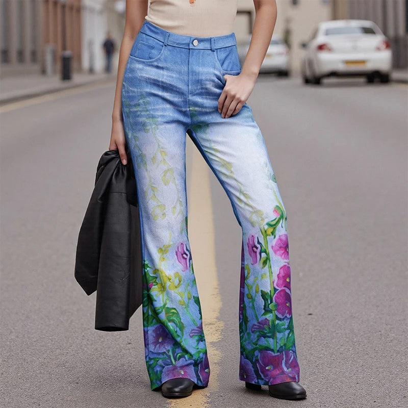 Puloru Stylish Floral Print Blue Flared Pants with Pockets Women's Mid-Rise Casual Slim Fit Bell-Bottoms Long Trousers Plus Size