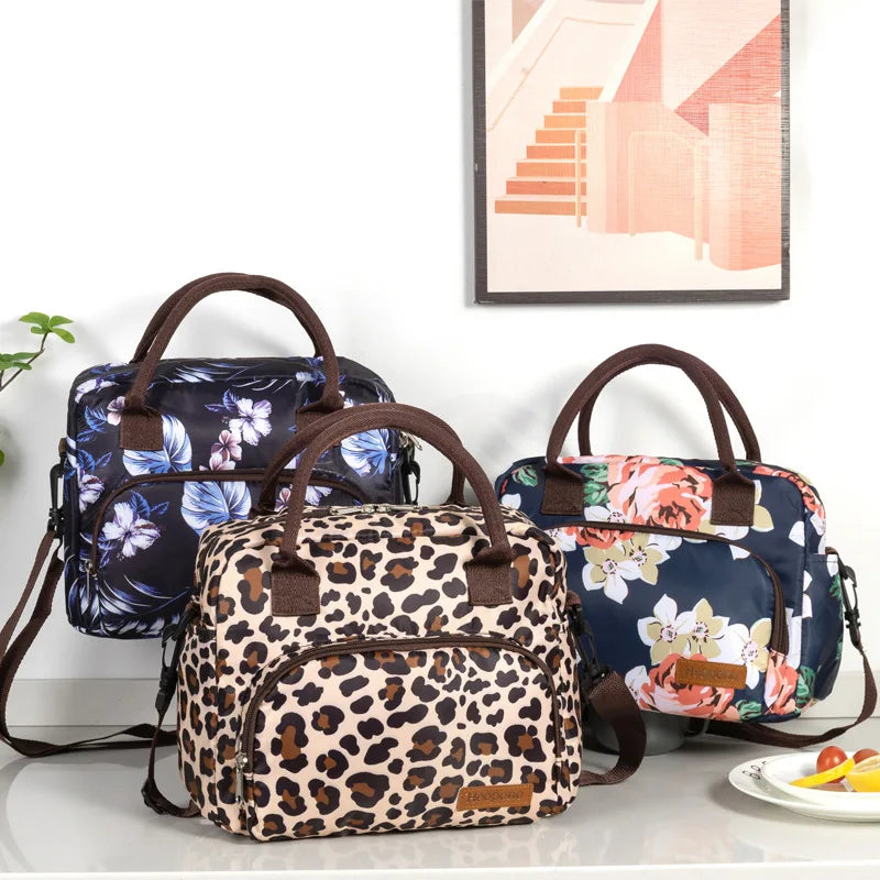 Large capacity leopard print Oxford cloth crossbody lunch bag, American modern minimalist hand-held mommy ice pack