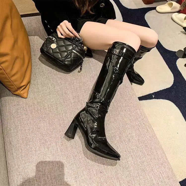 Foreign style high-heeled boots women's 2025 autumn new belt buckle thick heel square head high boots temperament knight boots