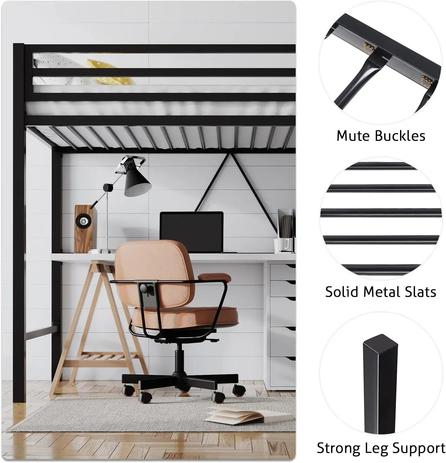 Junior Loft Bed Twin Size, Heavy Duty Twin Bed Frame with Full-Length Guardrail & Removable Stairs, Noise-Free, Space-Saving,
