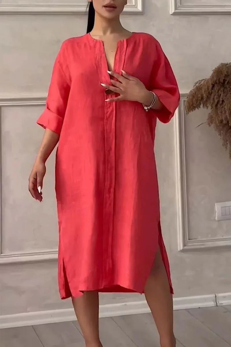 Loose V-neck Two Side Slit Pullover Dress 2024 Women's New Cotton And Linen Solid Color Casual Long-Sleeved Button Maxi Dress