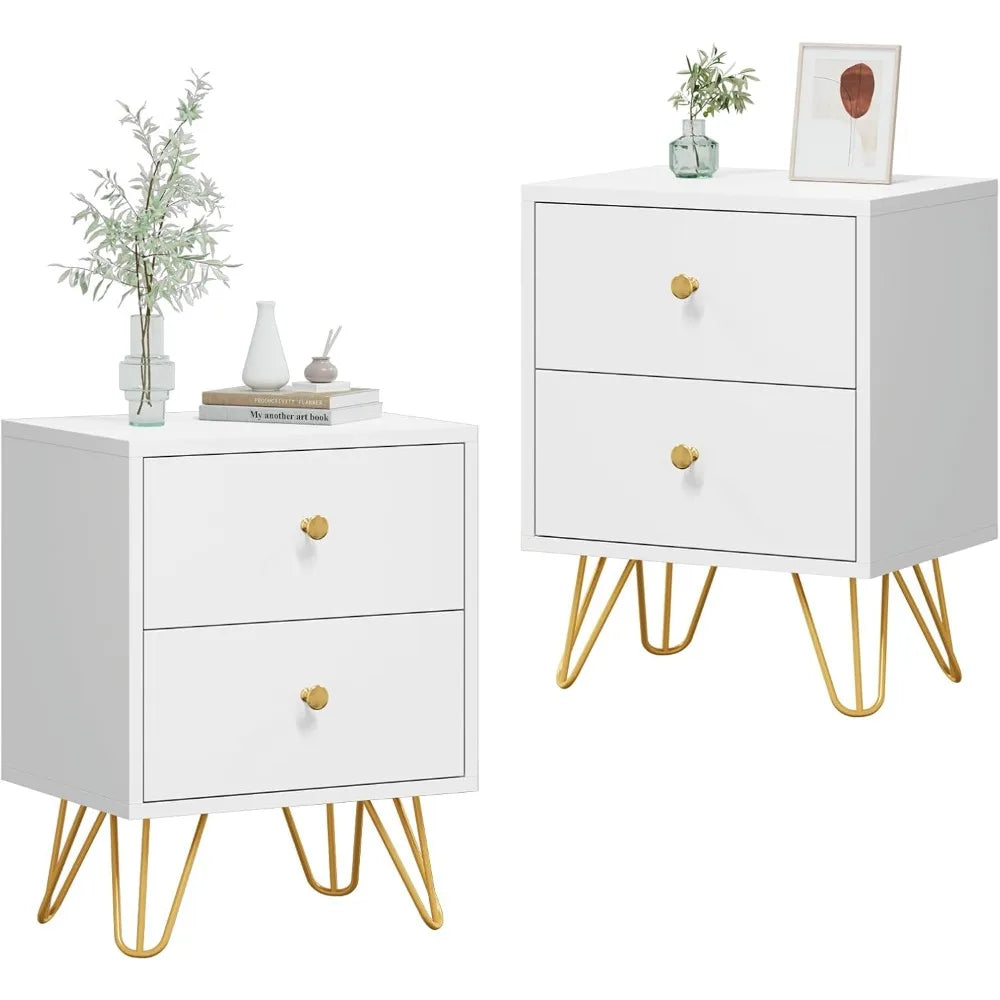 Nightstand Set of 2, End Side Table Double, Bedside Table with 2 Drawers,  Stand Metal Legs and Knobs for Bedroom Living.