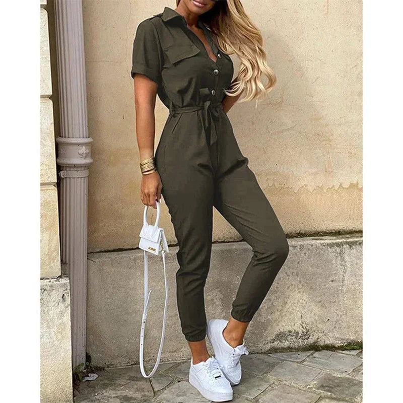 Women's Monochromatic Belt Workwear Jumpsuit, Casual Pants, Flip Collar, Buckle, European and American, Summer, 2024