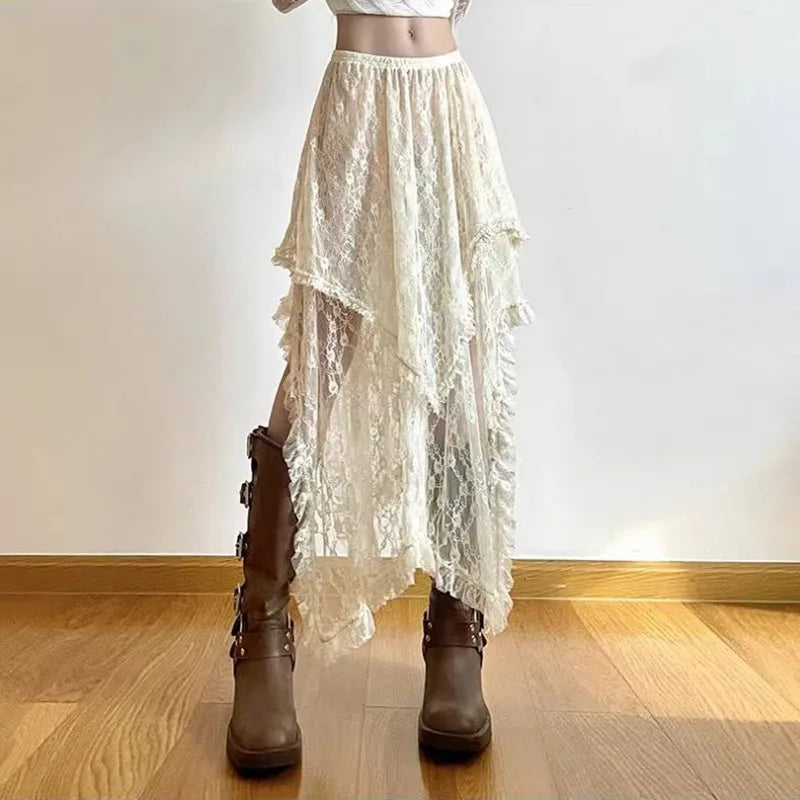 Lace Asymmetrical Skirt Women Vintage Y2K Boho Aesthetic Fashion High Waist Mid Skirts Summer Ladies Holiday Outfits