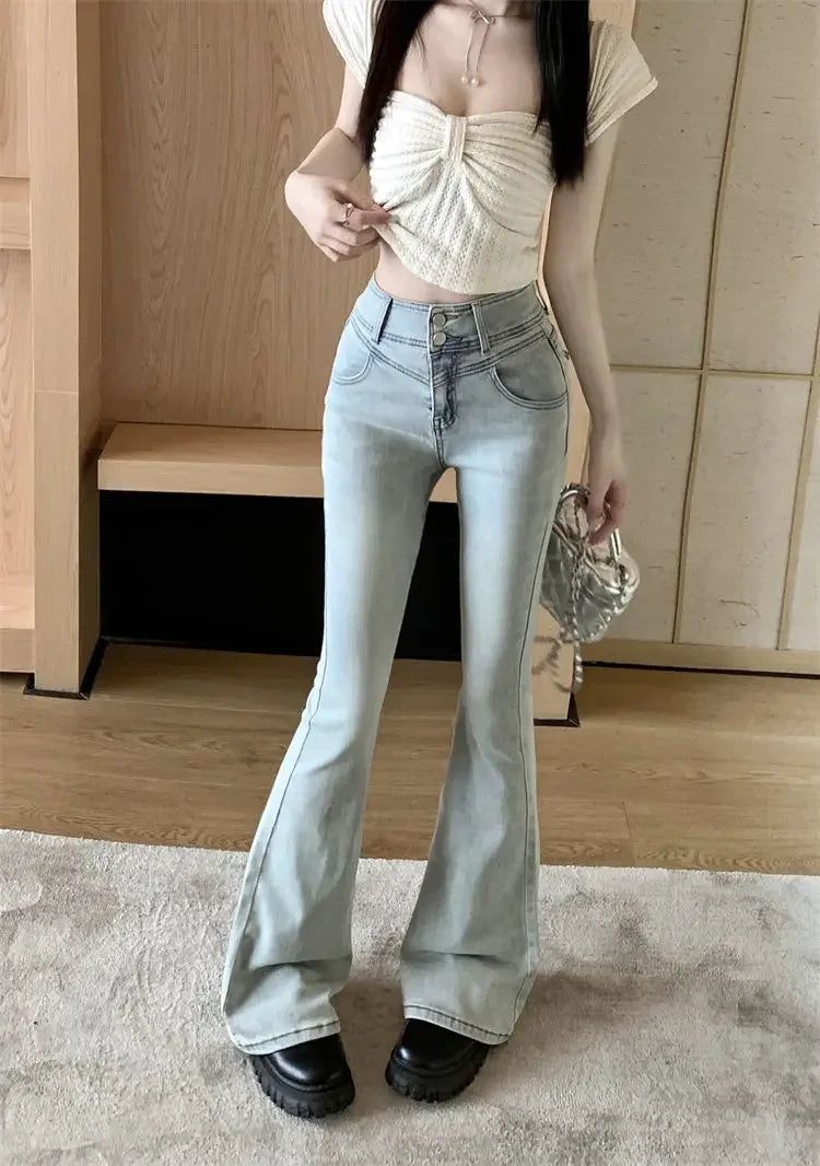 Spring Autumn Spicy Girl Bow Micro Flared Jeans Women's Petite High Waisted Slimming Elastic Horse Leggings Straight Leg Trouser
