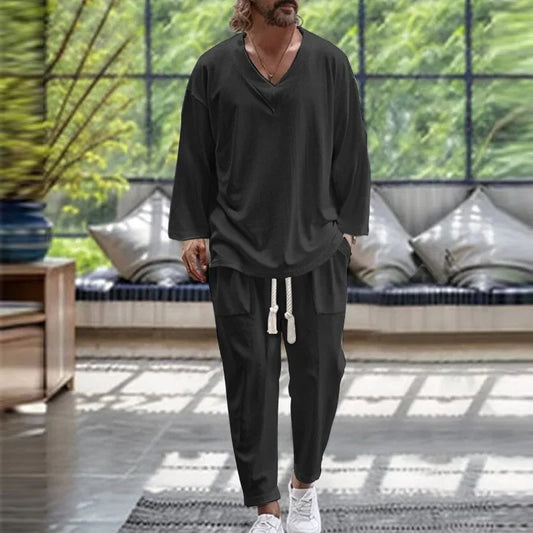 2025 Spring/Fall trend Men's Fashion V-neck shirt Casual comfortable loose high-end long sleeve pants solid color beach suit