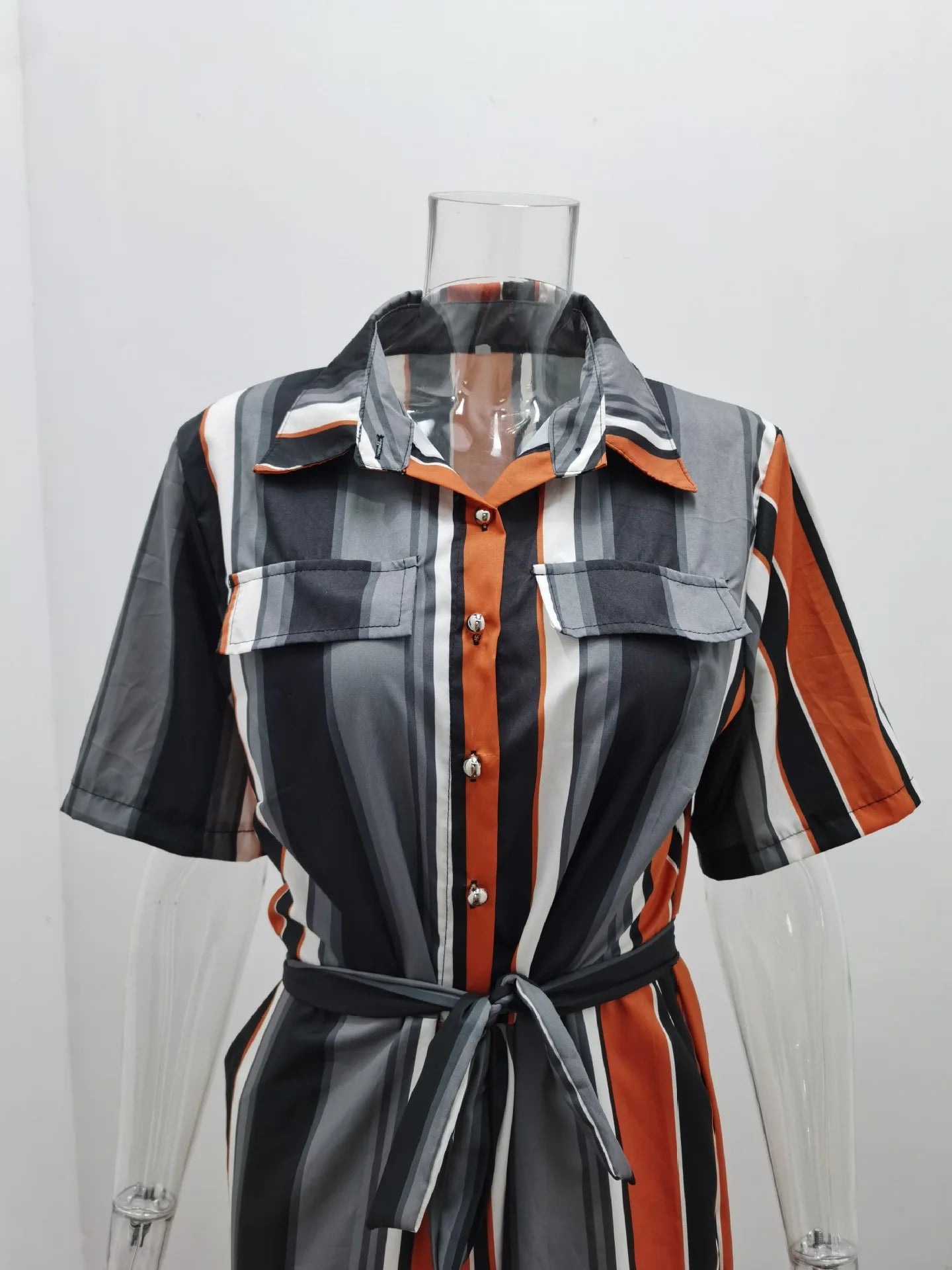 Women's Monochromatic Belt Workwear Jumpsuit, Casual Pants, Flip Collar, Buckle, European and American, Summer, 2024