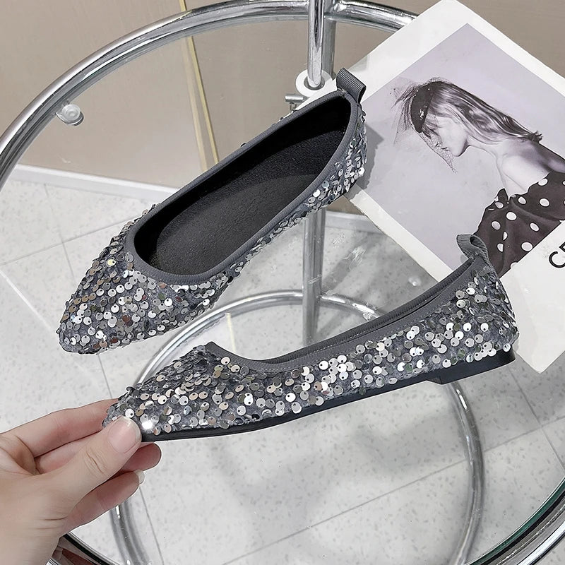 New pointed head shallow mouth one pedal sequined women's single shoes casual Korean version ladyshoes commuter style
